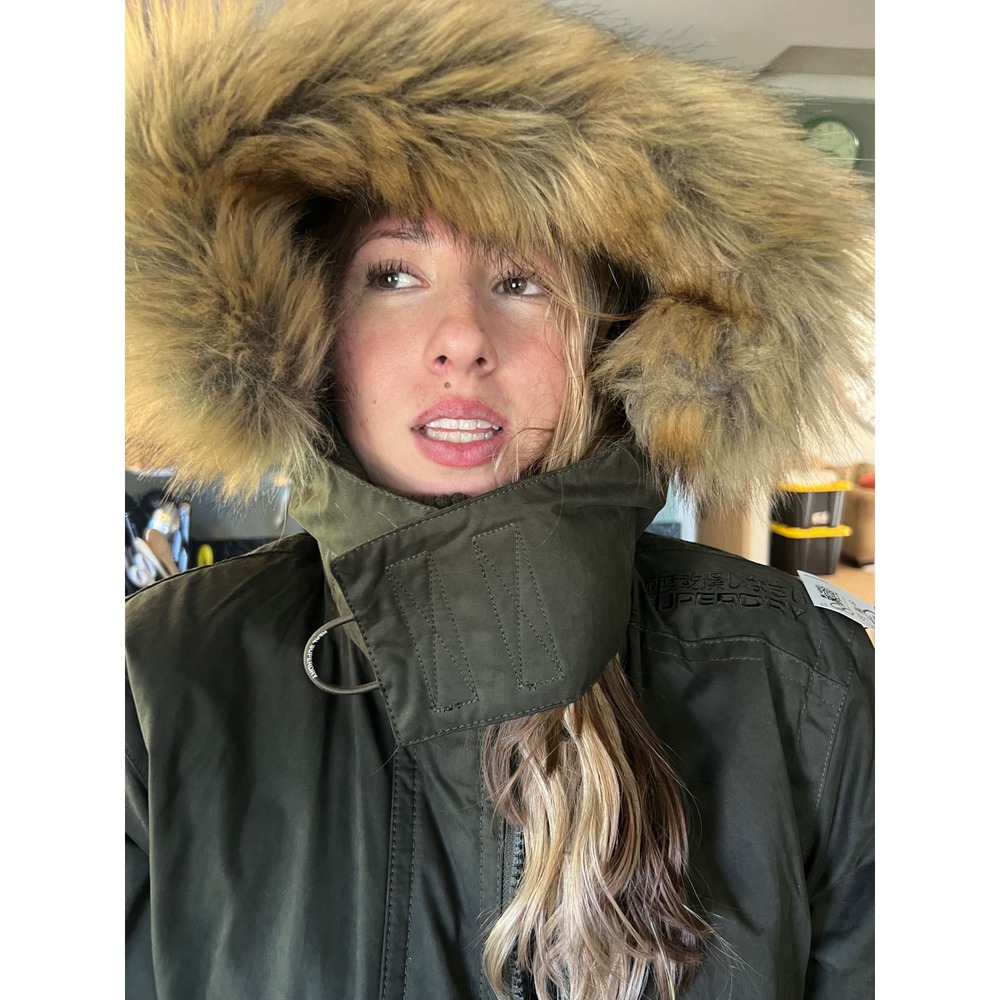 Superdry Microfibre Fur Hooded Windbomber Womens Medium Olive Green Excellent